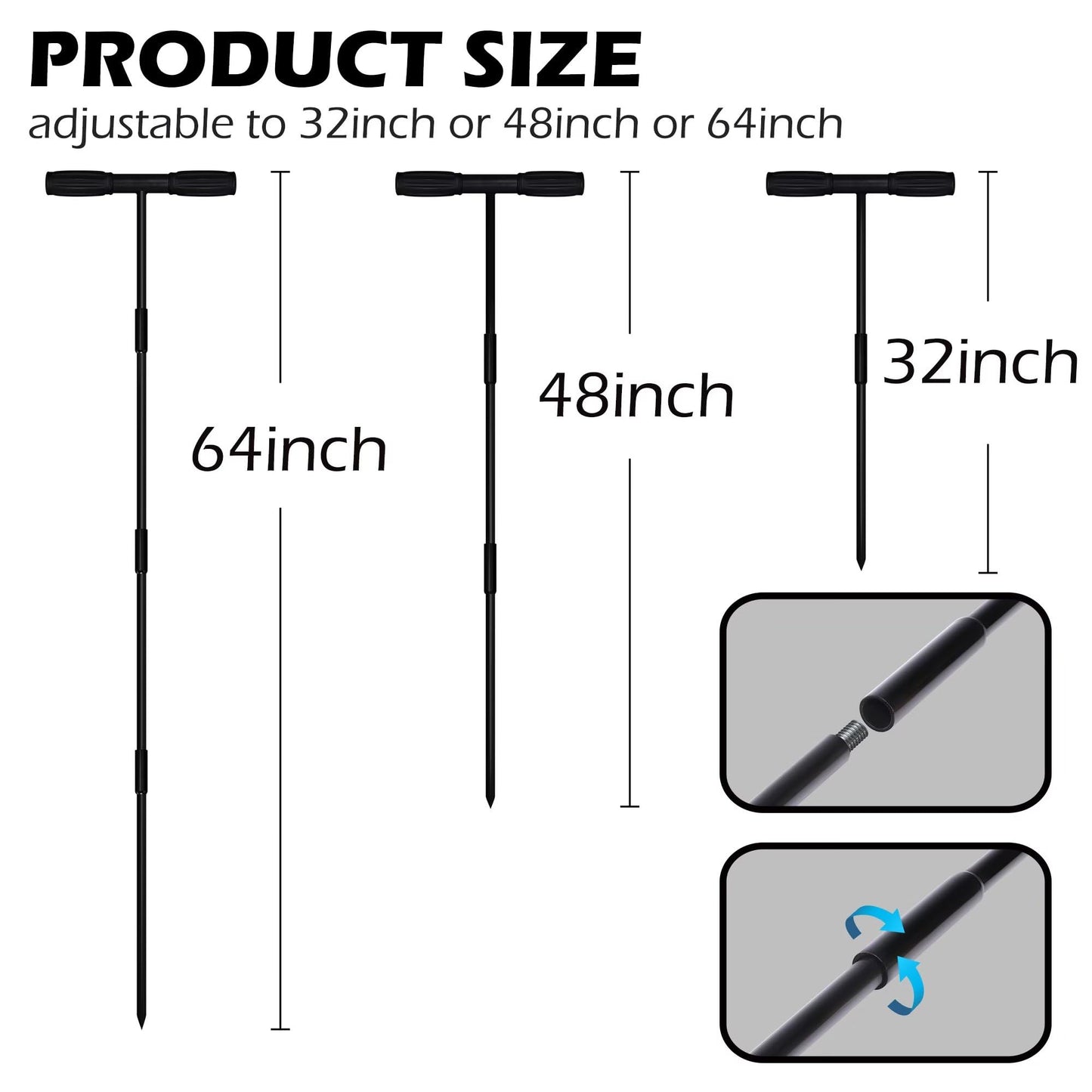 Sfcddtlg 64 Inch Metal Ground Soil Probe Rod - Adjustable Soil Sample Probe - T-Handle Septic Tank Locator for Tile Probing, Soil Compaction, Locating Underground Pipes, Landscaping, Gardening