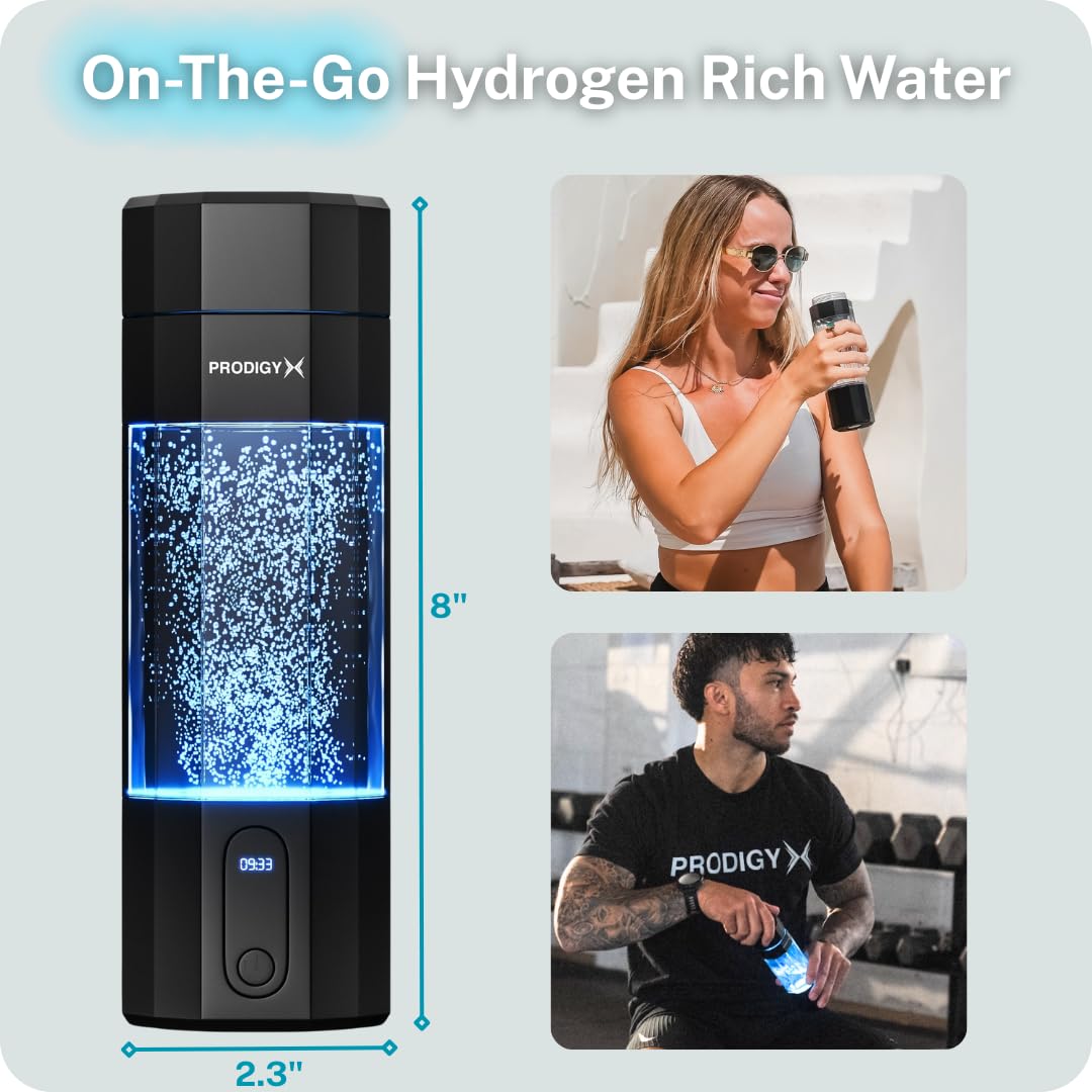PRODIGY X Hydrogen Water Bottle - Up to 5.8PPM Potency - 210ML for Fast Consumption - Portable Hydrogen Generator - Thick Bottle - Water Molecular Ionizer - Premium Bottle AUS Owned (Black)