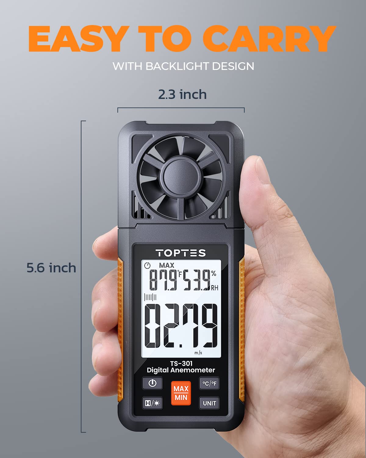 TopTes TS-301 Anemometer Handheld Wind Speed Meter with 2.26-inch LCD Screen, Backlit Air Flow Meter with 6 Measuring Units, Wind Gauge for Sailing/Surfing/Shooting/Drone/Home Vent - Orange