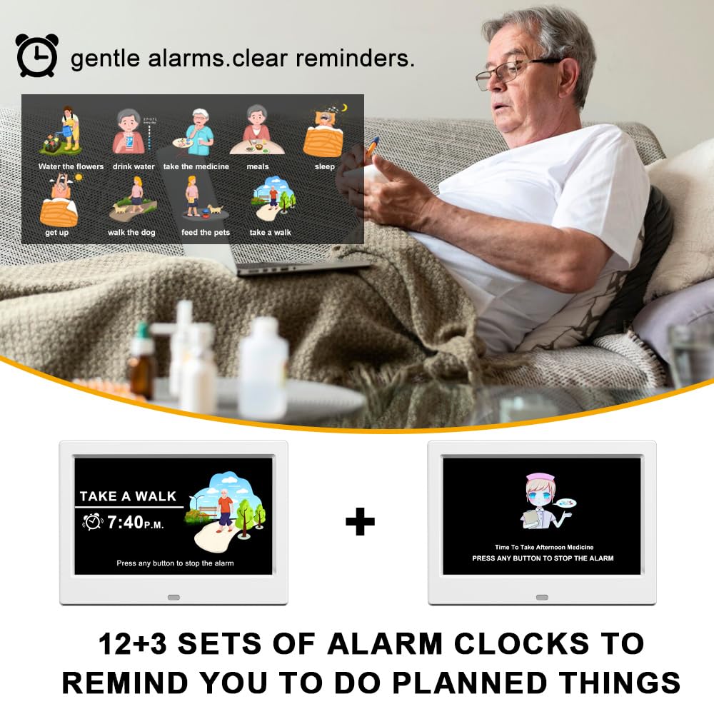 Alarm Clock with Day and Date for Elderly Digital Calendar Clock Photo Frame- Auto Dimmable Display 15 Alarm Options (7inch White)