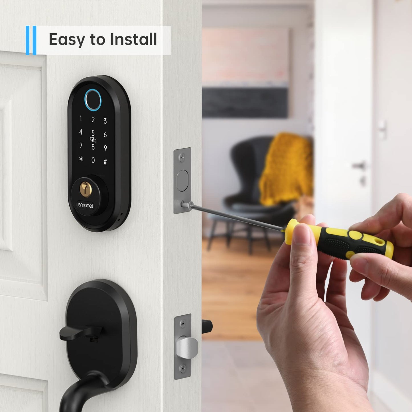 SMONET Smart Front Door Lock: Keyless Entry Door Lock for Front Door, Electronic Bluetooth Deadbolt with Biometric Fingerprint, Keys, Fobs, Auto Lock, Smart Phone Control for Home,Apartment
