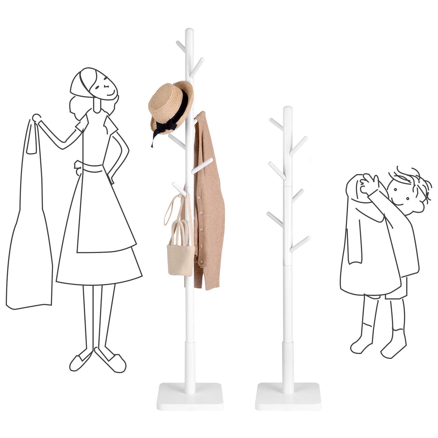 VASAGLE Solid Wood Coat Rack, Free Standing Hall Coat Tree with 8 Hooks, 3 Height Options, for Coats, Hats, Bags, Purses, for Entryway, Hallway, Rubberwood Hooks and Pole, Cloud White URCR010W02