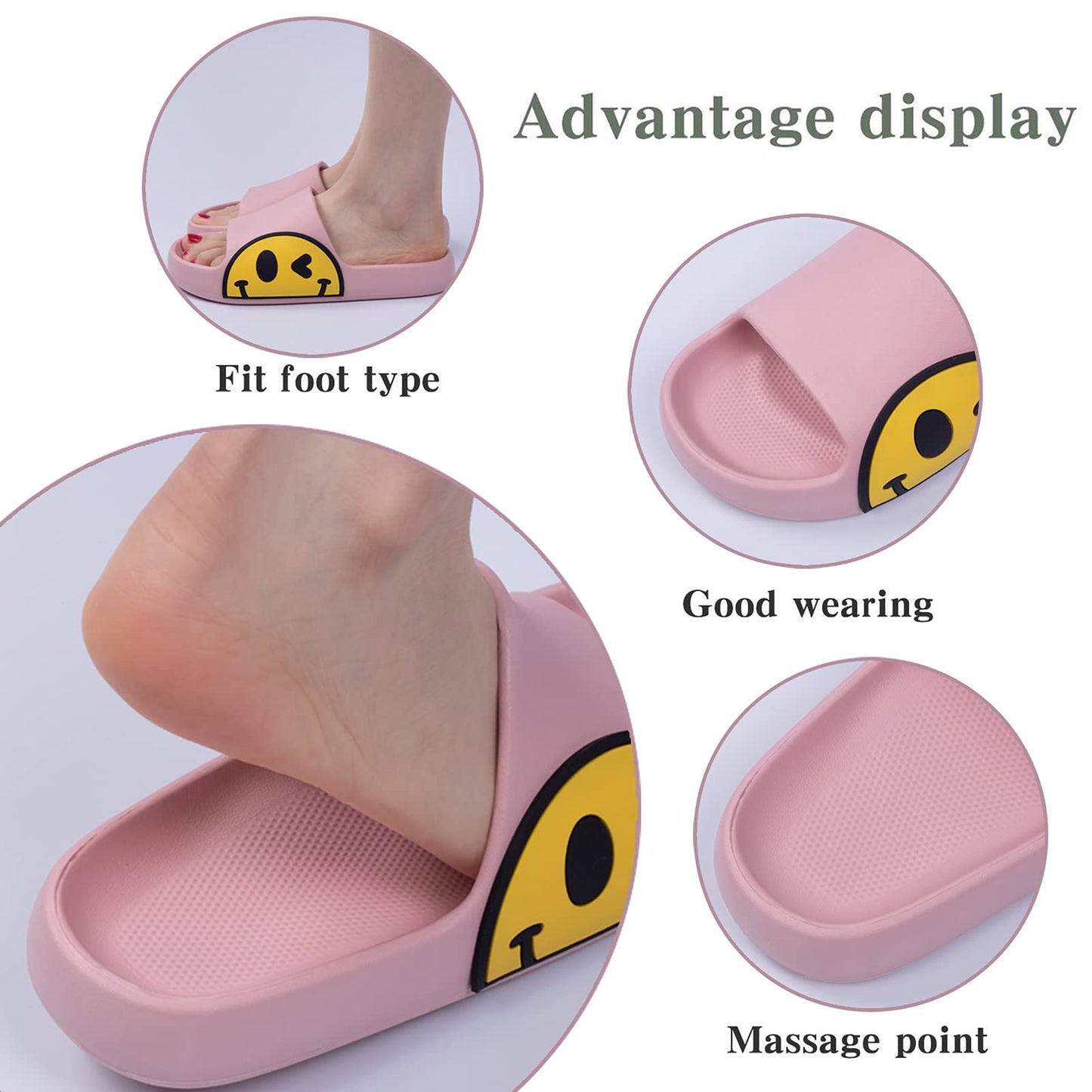 Uonesone Womens Slides,Pillow Slippers Sandals for Men,Unisex Non slip Quick Dry Shower Shoes Indoor Outdoor Open Toe Spa Bath Pool Gym House Casual Massage Smile Face Slippers, Pink, 5-6