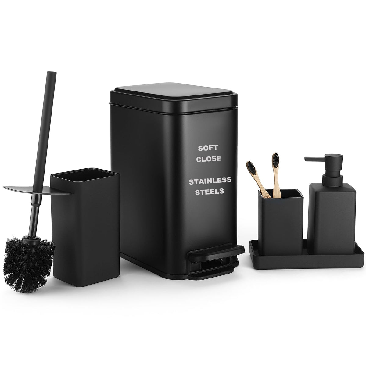 GAHEFY 5-Piece Bathroom Accessory Set with Stainless Steel 5L Soft-Close Trash Can, Toilet Brush with Holder, Soap Dispenser, Toothbrush Holder & Tray, Matte Black Bathroom Organizer