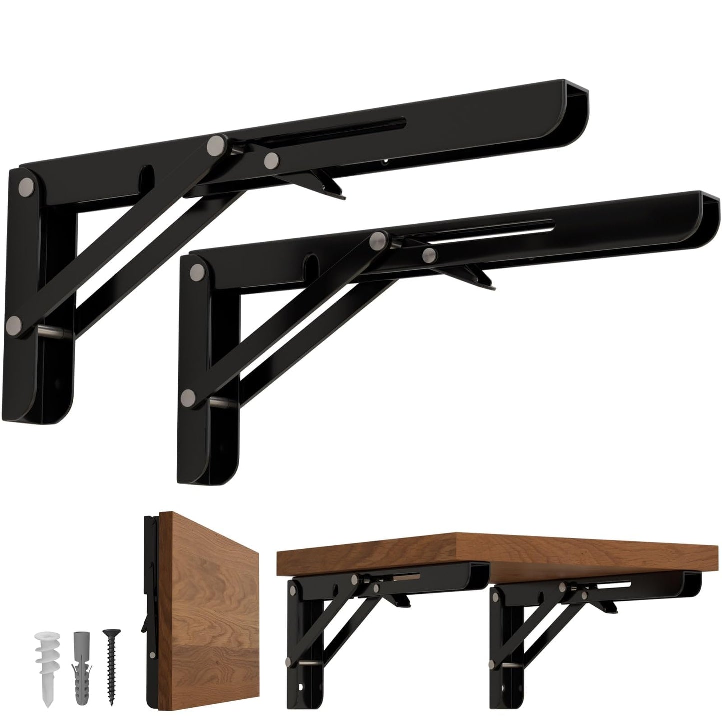 LEOPO 20 inch Folding Shelf Brackets, Heavy Duty Wall Mounted Shelf Bracket, 2 Pack, Black