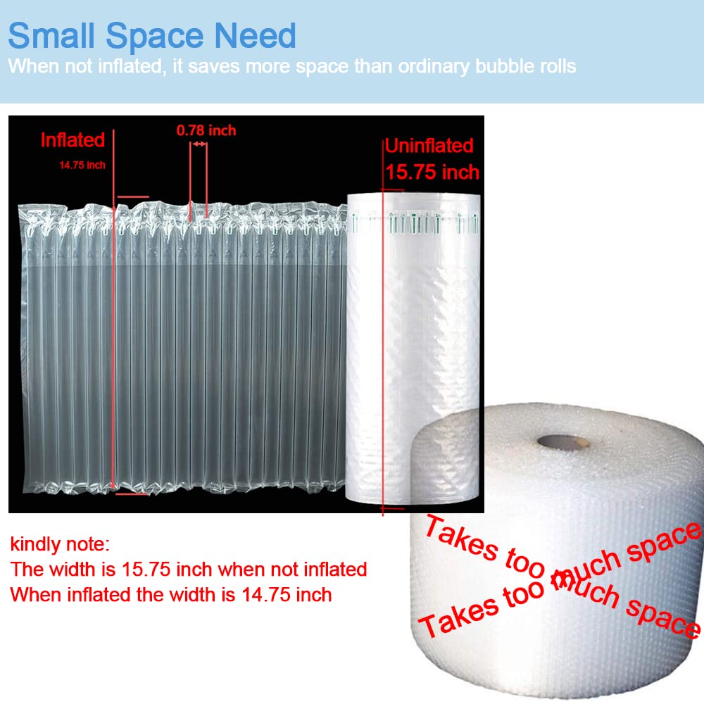Bubble Cushioning Wrap Roll, 15.75 inch x144 Feet, Inflatable Air Pillow Column Wrap for heavy duty Packing and Moving, Large Bubble Wine Bottle Protector Breakable Shipping Supplies with Free Pump