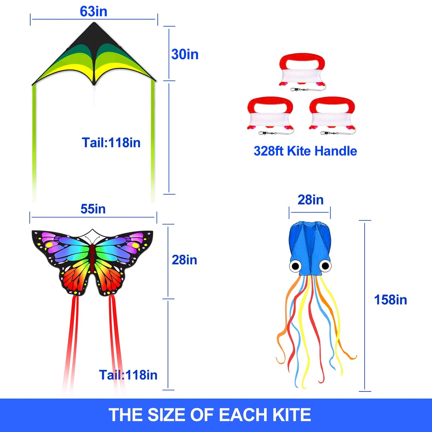 Kaiciuss Kites for Kids & Adults, Kites Set for Beginners and Teens, Easy to Fly for Beach, Perfect for Outdoor Activities (3 Pack-Rainbow Butterfly, Green Delta, and Blue Octopus)
