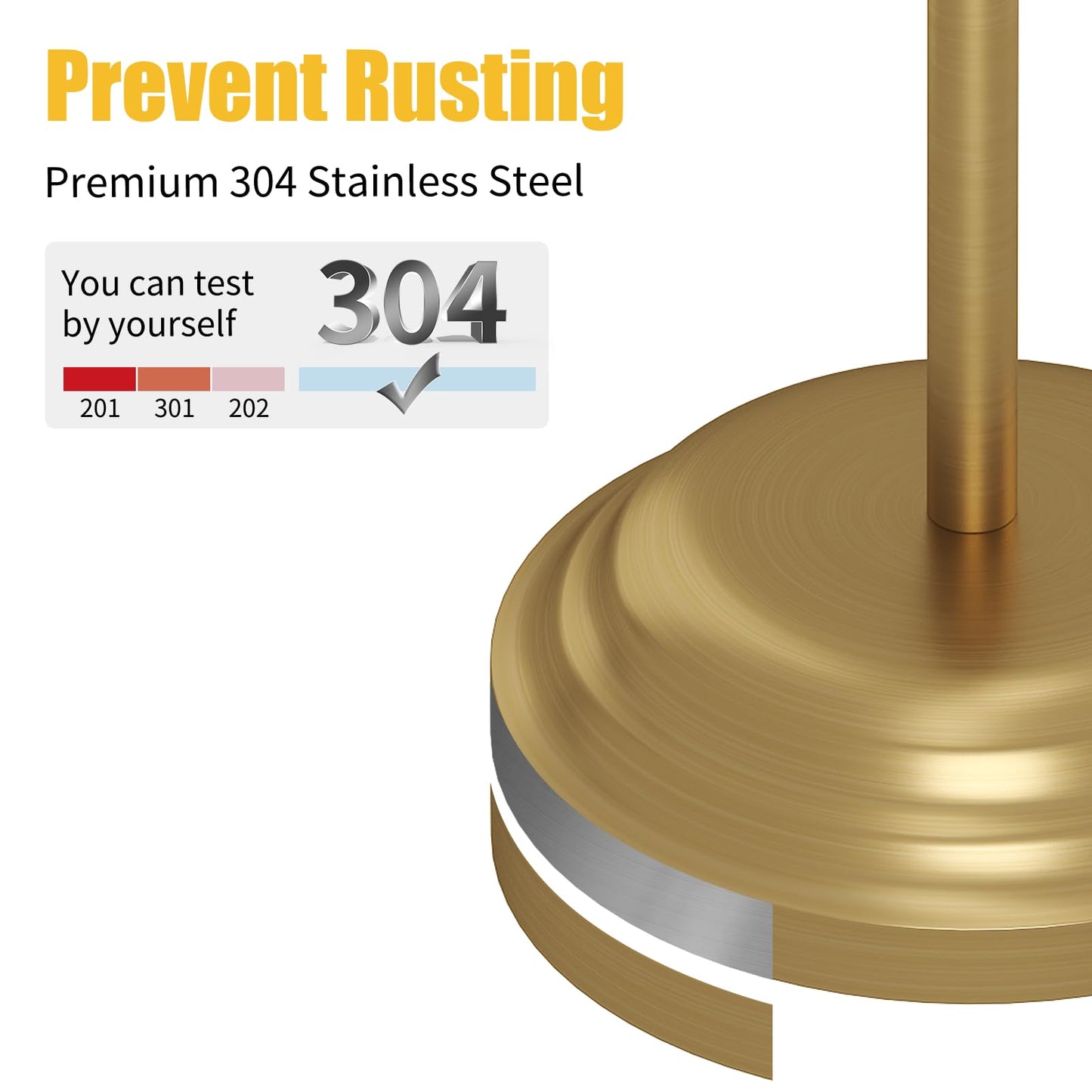 BESy Toilet Paper Holder Free Standing Bathroom Toilet Tissue Holder Stand for Floor Toilet Paper Roll Holder with Storage Hardware Accessories Rack Non Adjustable Brushed Gold Stainless Steel