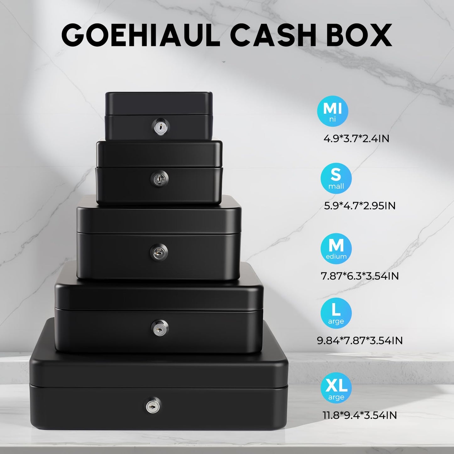 Cash Box with Lock and Money Tray Metal Money Box for Cash Register Large Cash Safe Box Tiered 11.8 x 9.4 x 3.54 Inches Black