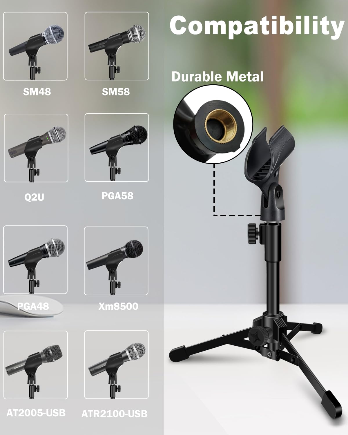 Mictop 2 Pack Desktop Mic Stand, Portable Foldable Tripod with Mic Clip Holder, Adjustable Microphone Stand For Dynamic Microphone Like Samson Q2U Shure SM58 SM57 PGA48 PGA58 etc.