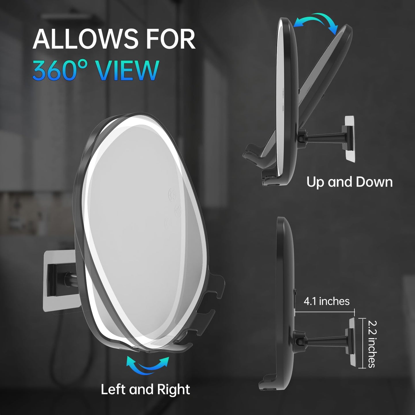 COSMIRROR Heated Shower Mirror Fogless for Shaving, Lighted with 3 Color Modes, Dimming, Rechargeable, Anti-Fog, 360°Rotation, 8.5L x 6.7W inches, Wall Mount