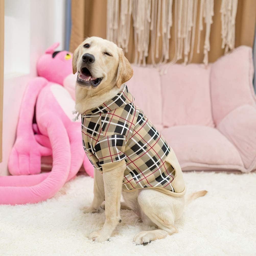 EXPAWLORER Plaid Dog Hoodie - British Style Warm Dog Sweater Shirt with Leash Hole,Pitbull Clothes Outfits,Winter Coat Apparel for All Breeds Puppy Girl Boy-Cat Apparel,Beige XL-XXLarge