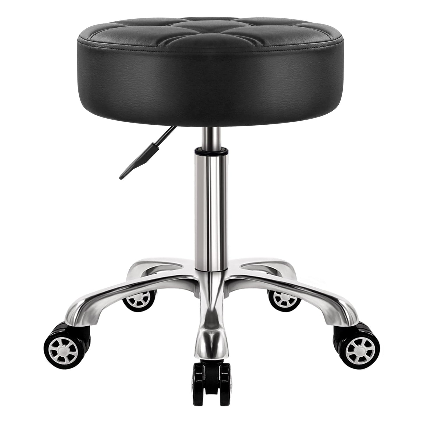 WKWKER Heavy Duty Rolling Stool with Wheels Hydraulic Lift 360 Swivel Adjustable Rolling Stool Thick Leather Ergonomic Seat Stool Chair for Kitchen Drafting Lab Office Salon Message Stool Black