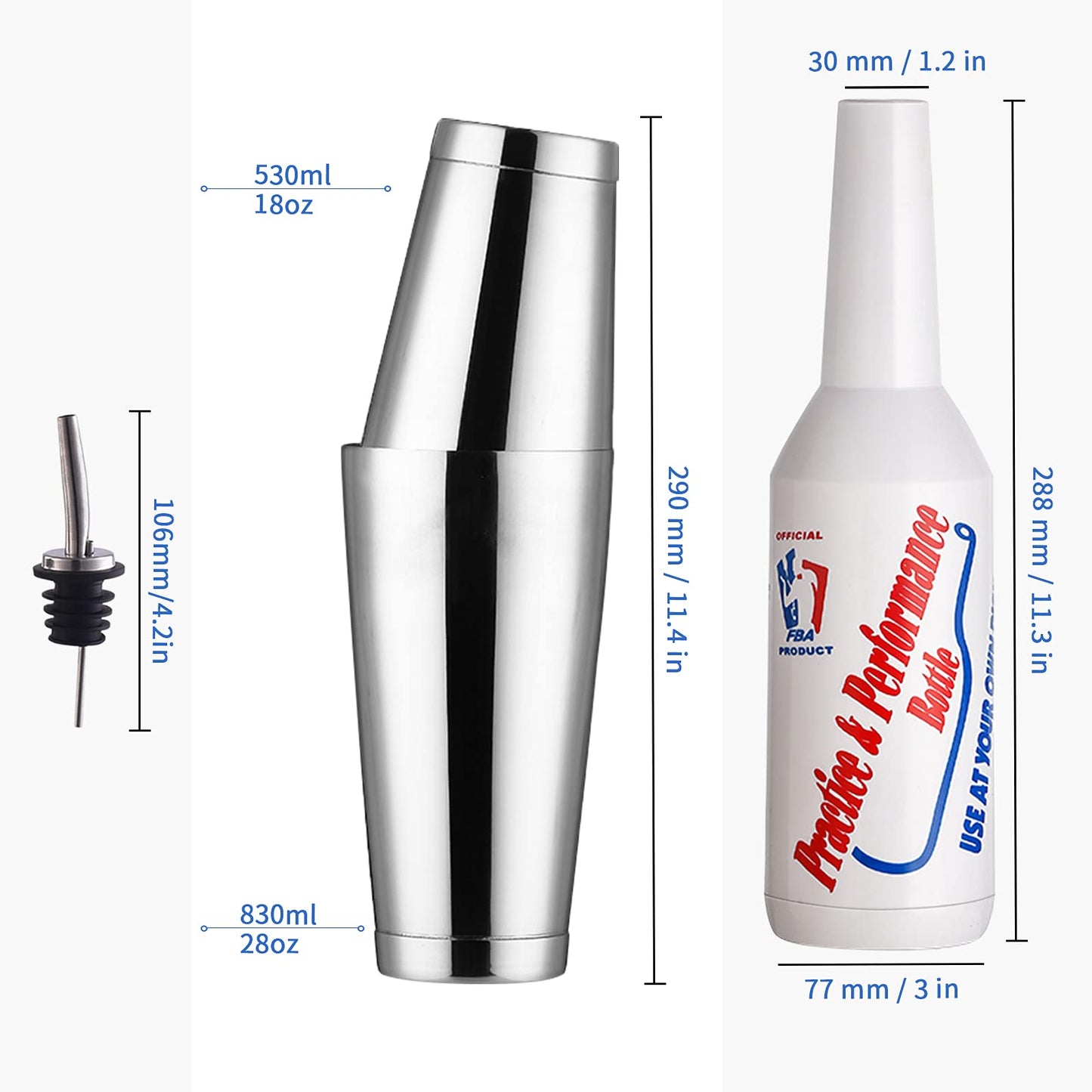 YooYuuk 5pcs Flair Bartender Kit, 2 Flair Bottles (25oz/750ml), 1 Boston Shaker (18/28oz), Practice & Performance Bottle, Silver, PVC & Stainless Steel