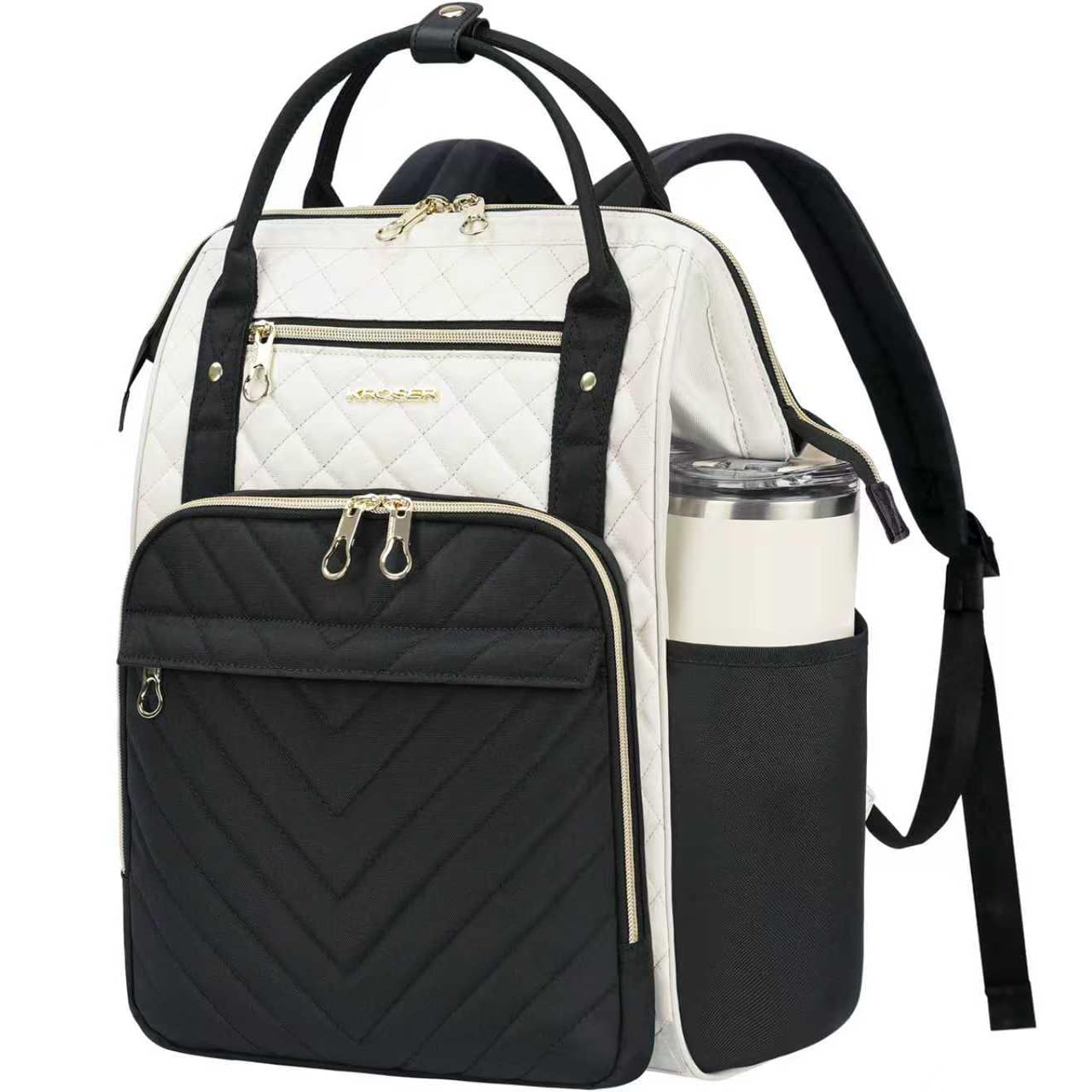 KROSER 17" Laptop Backpack Water Repellent Quilted Daypack for Travel Business College Men Women+Beige/Black