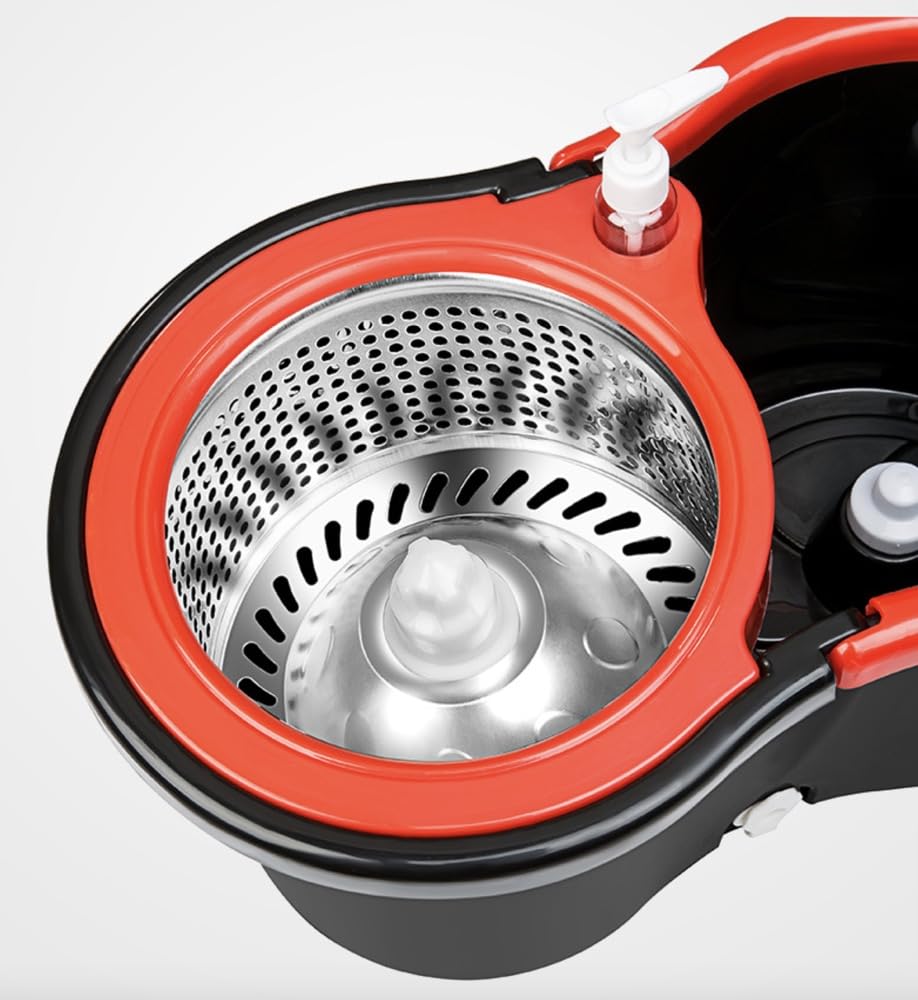 SHOPONTO Spin Mop and Bucket System with Stainless Steel Wringer, Microfiber Mop, Black/Red, 45x26x23 cm Bucket, Telescopic Handle 90-120 cm, 2 Mop Heads, 360 Spin Mop Floor Cleaning Set