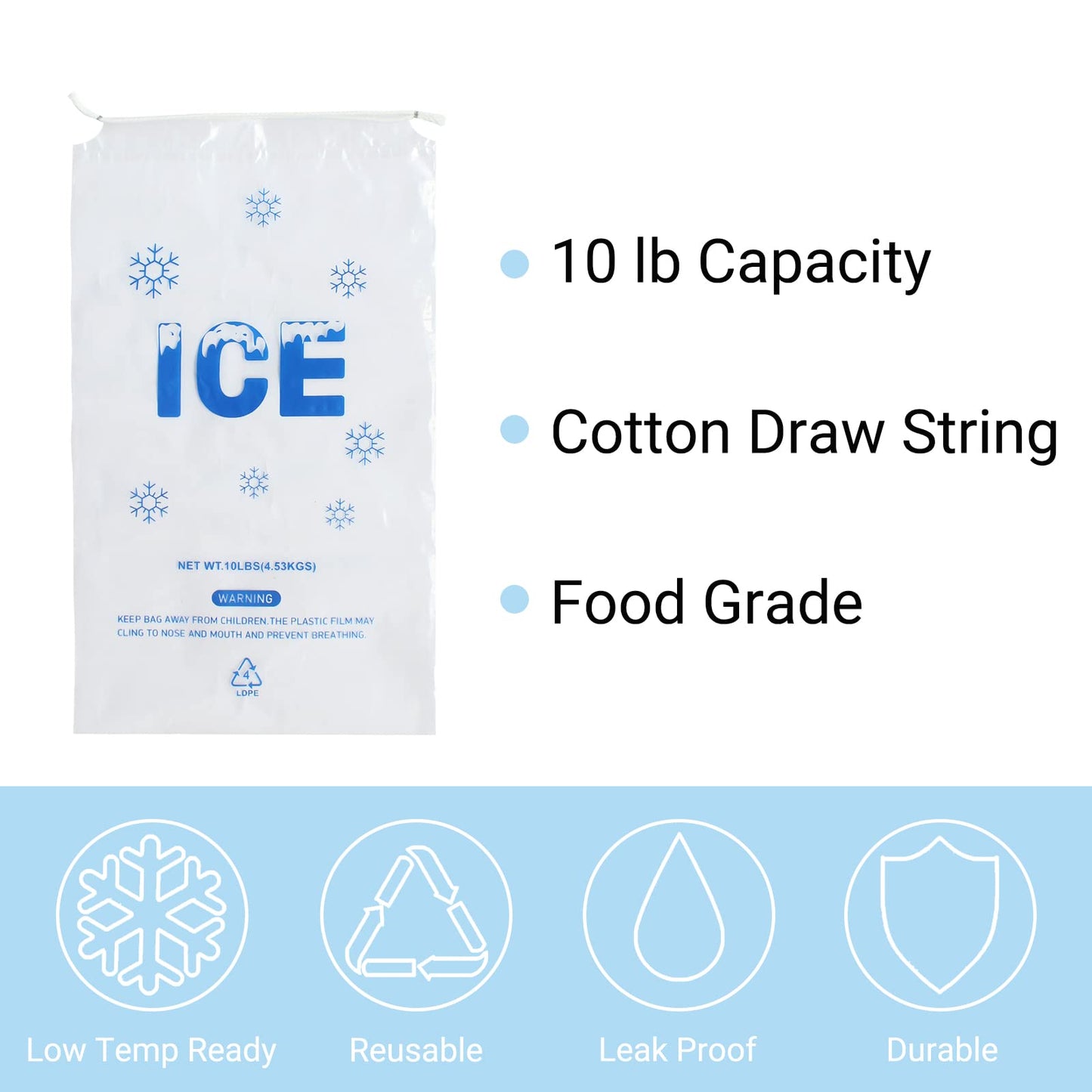 Belinlen 100 Pack 10 lb. Plastic Drawstring Ice Bags 12 x 21 Inch Heavy-Duty Plastic Ice Bags with Cotton Draw String (2mil Thickness)
