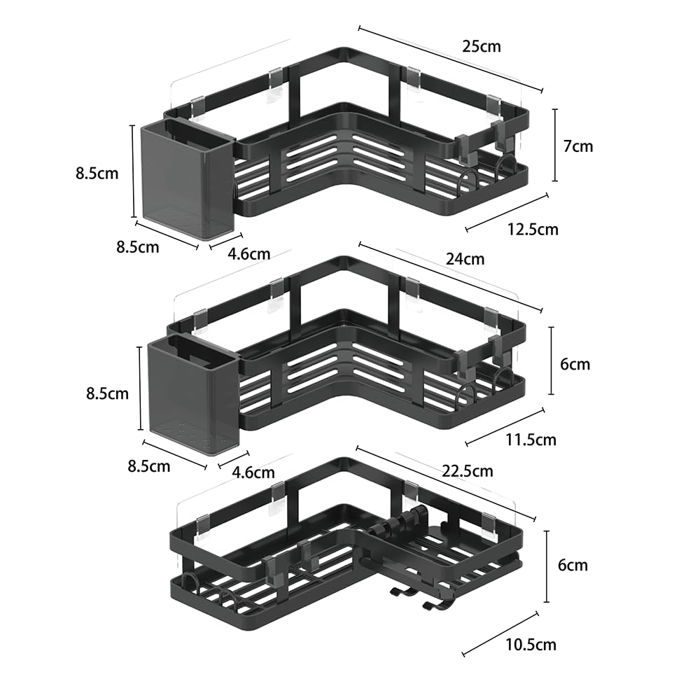 Gabeeriso Shower Caddy Corner, Bathroom Organizers Soap Holder Shower Shelves 2-in-1, Bathroom Shelves with 18 Hooks, Rust-Resistant Adhesive Shower Shelf No Drilling. (L-Shaped Black 3-Pack)