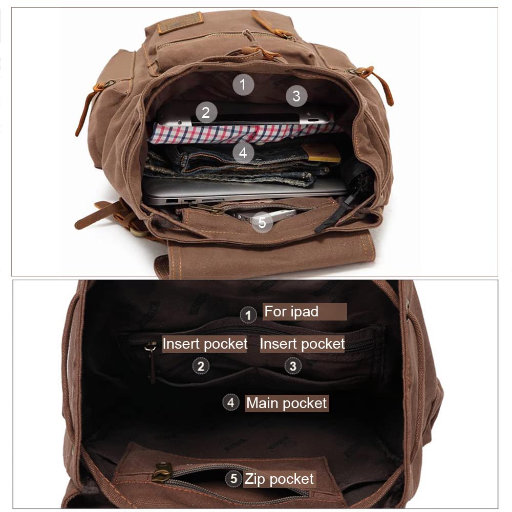 AUGUR Canvas Backpack,17 inch Laptop Backpack Vintage Canvas Leather Backpacks Casual School College Bag Pack Bookbag Hiking Travel Rucksack Daypack (L-Coffee)