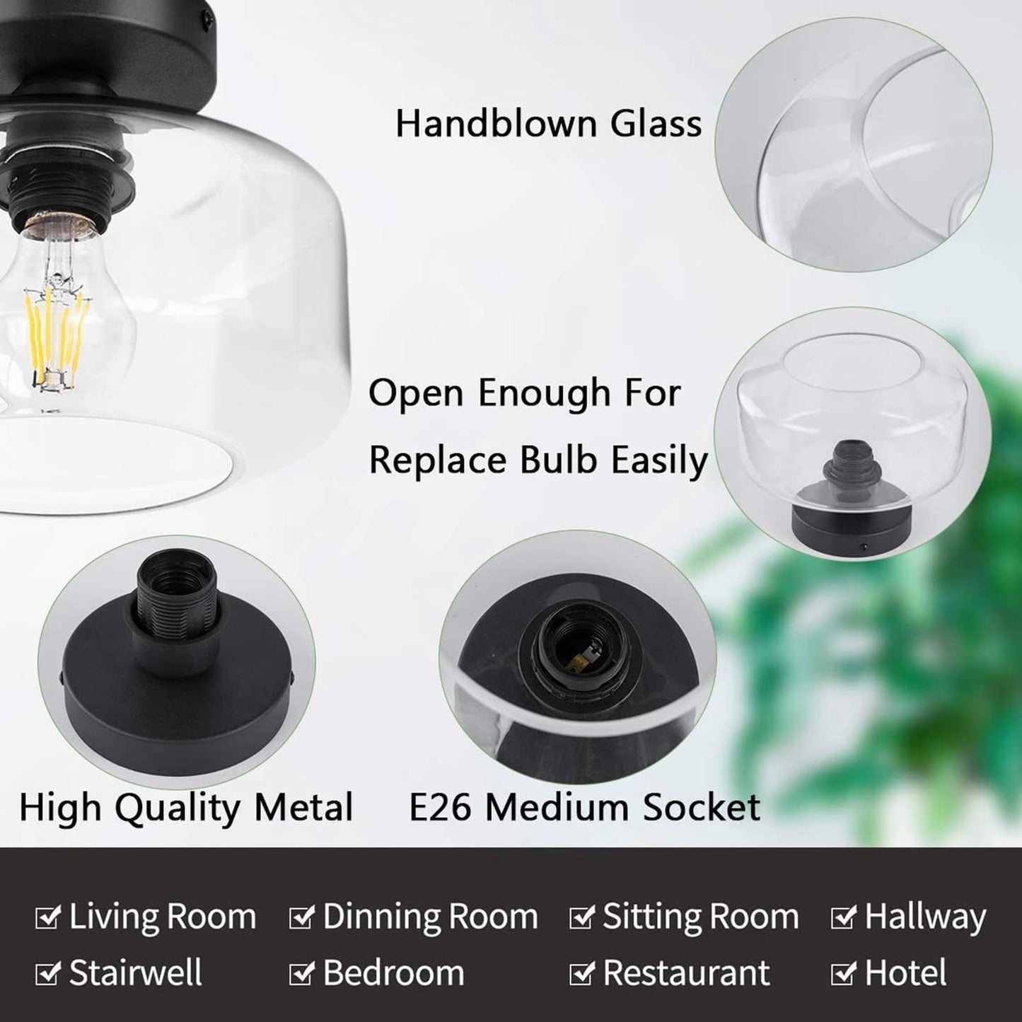 Semi Flush Mount Ceiling Light - Modern Ceiling Light Fixtures with Clear Glass Shade Bedroom Lights Ceiling for Living Room Dining Room Foyer Hallway Entryway (Textured Glass)