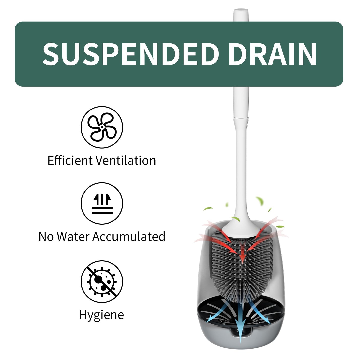 Hibbent 3 Pack Toilet Brush with Ventilated Drying Holder, Silicone Toilet Bowl Brush Bathroom Cleaning Bowl Brush Kit Sturdy Toilet Brush, Floor Standing & Wall Mounted Without Drilling, Black