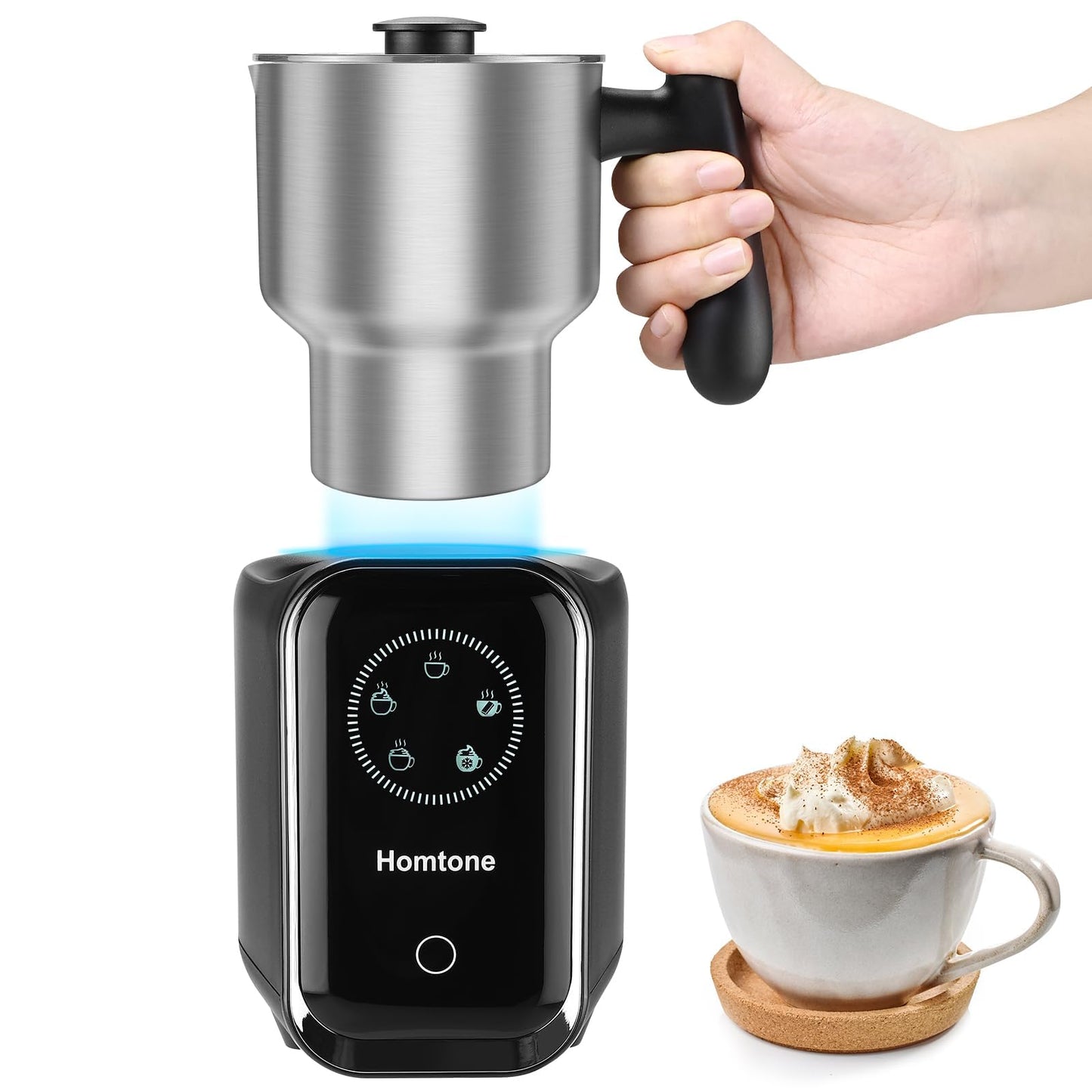 Homtone 5-in-1 Electric Milk Frother and Steamer, 21 oz Induction Milk Frother, Removable Stainless Steel Automatic Milk Steamer for Latte, Hot Chocolate Milk, Hot & Cold Foam, Large