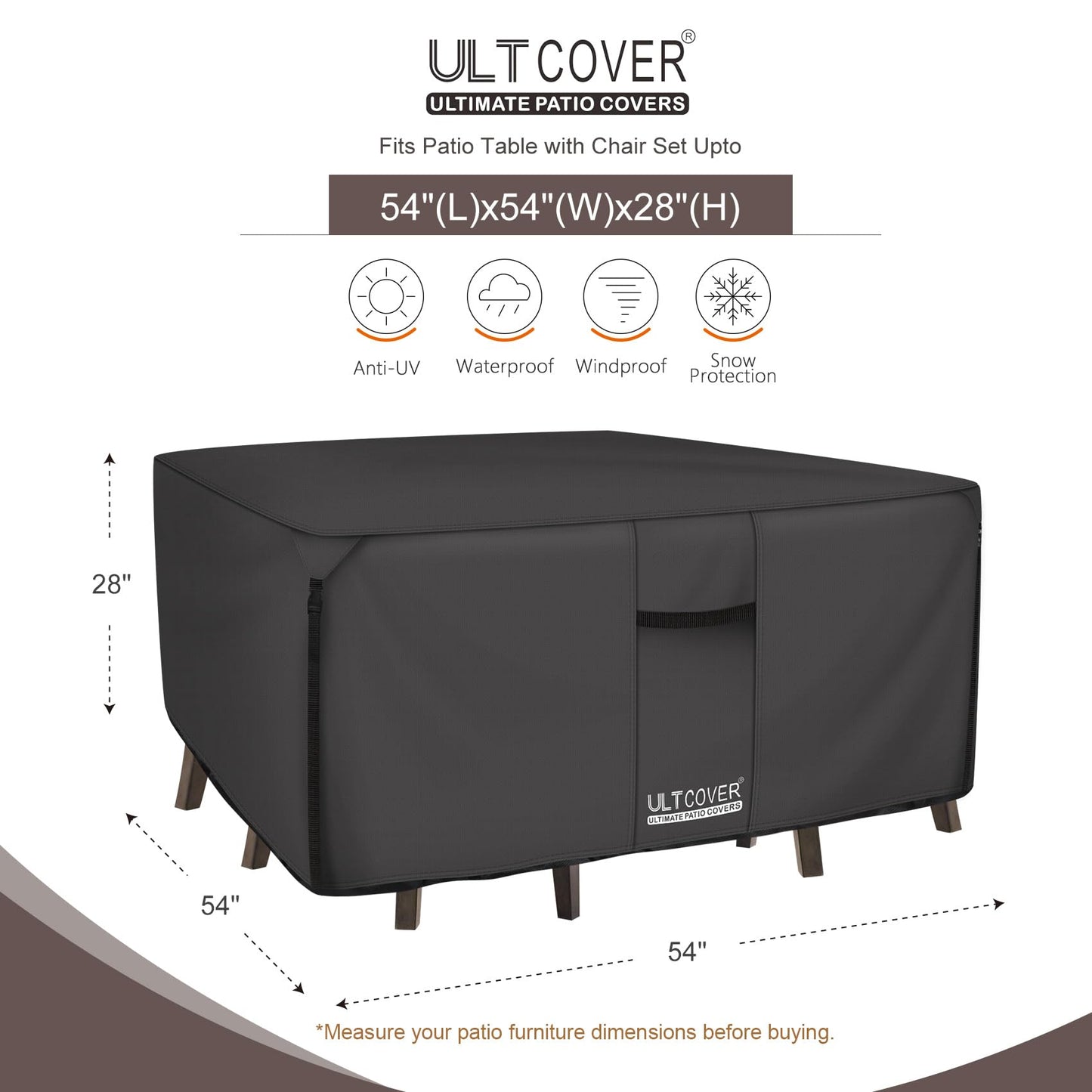 ULTCOVER 600D Tough Canvas Durable Square Patio Table and Chair Cover - Waterproof Outdoor General Purpose Furniture Covers 54 inch, Black