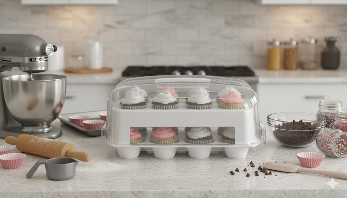 Top Shelf Elements Cupcake Carrier, Fashionable Green Cupcake Holder Carries 24 Standard-Size Cupcakes, Durable Muffin Traveler Two Tier Stand and Reusable Cupcake Box (White)