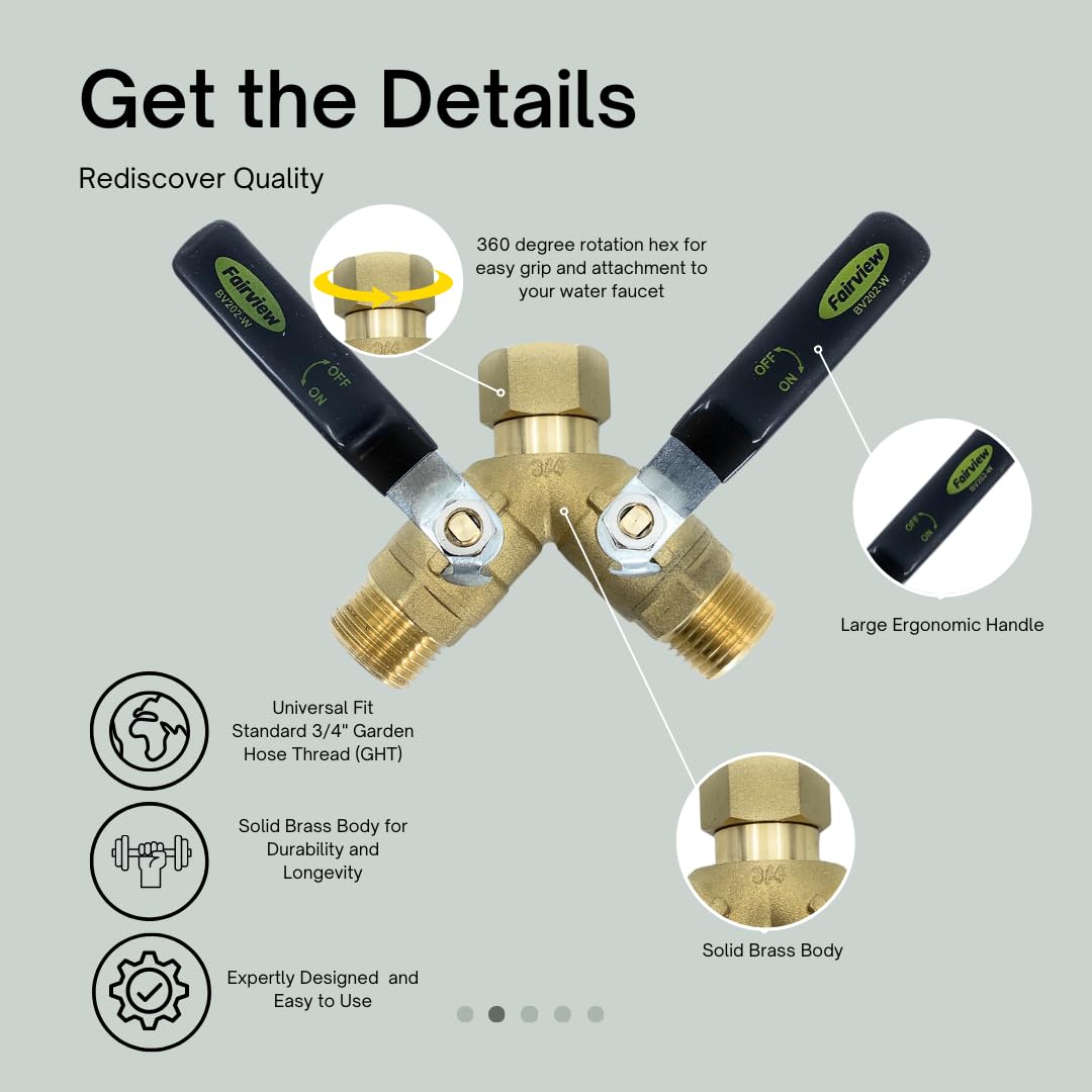 FAIRVIEW Industrial-Grade Garden Hose Splitter, Oversized Handles, Full-Port Valves with HEX Connector