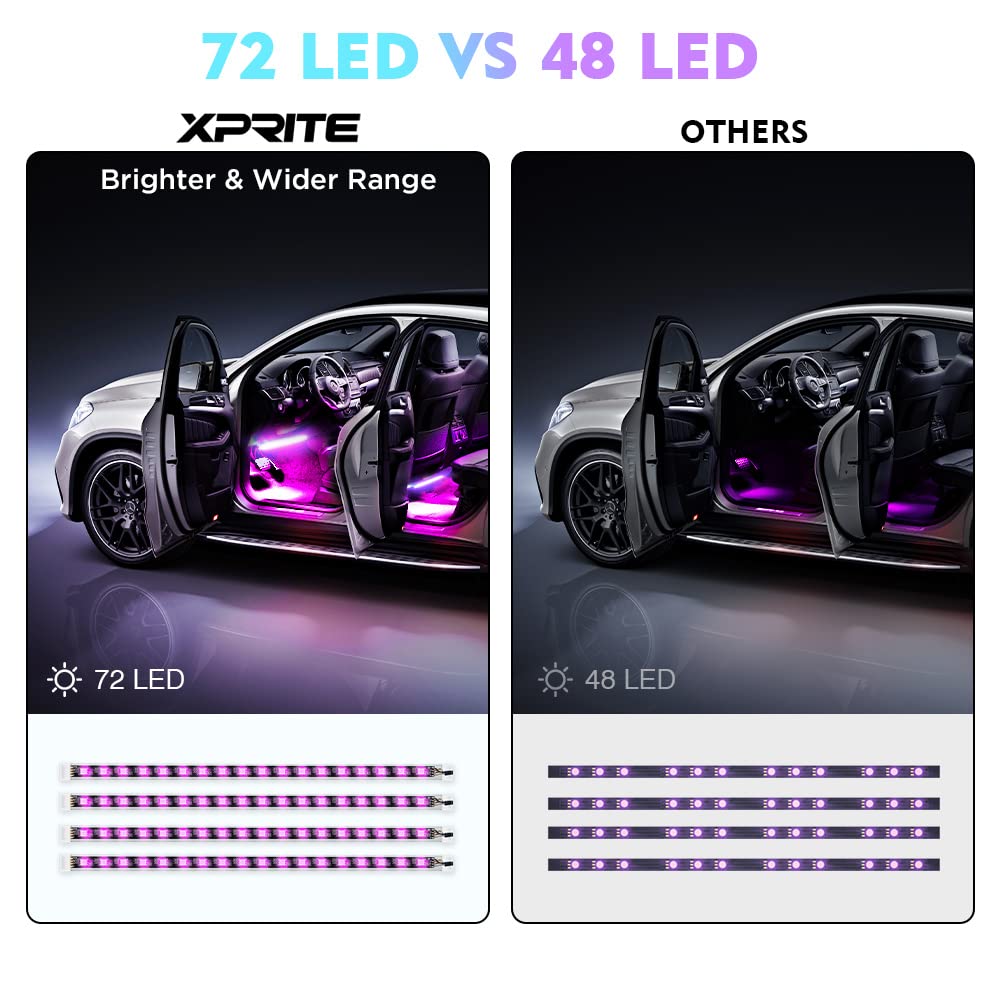 Xprite RGB LED Car Interior Bluetooth Light Strip with Wireless Remote Silicone Sealed Design, Under Dash Footwell Lights Kit w/USB Cable, Universal for Vehicle Internal, SUV, Truck -4 PCS