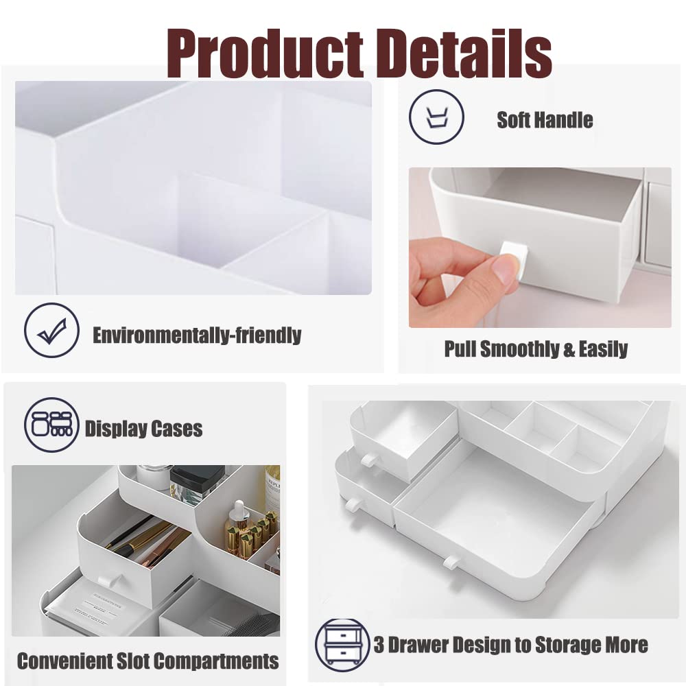 FOREVERIE 3 Drawers Desk Organizer Storage Box for Home and Office, Plastic Desktop Drawer Organizer for Stationery, Arts and Craft Supplies, Makeup Storage Display Case, White