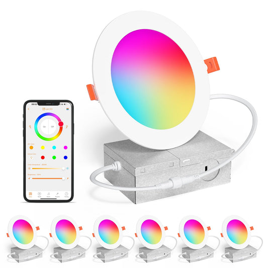 4 Inch LED Recessed Lighting 12W Smart Pot Lights with Junction Box, RGBCW Dimmable by Bluetooth Control, 1000 Lumen High Brightness Recessed Downlight Ceiling Light Compatible with Alexa - 6Pack