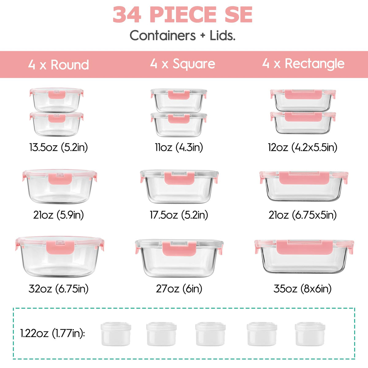 34pcs Glass Food Storage Containers with Lids Set, Airtight Glass Meal Prep Containers (17 Containers & 17 Lids), Leak Proof Lunch Container BPA-Free, Microwave, Oven, Freezer, Dishwasher Safe-PINK