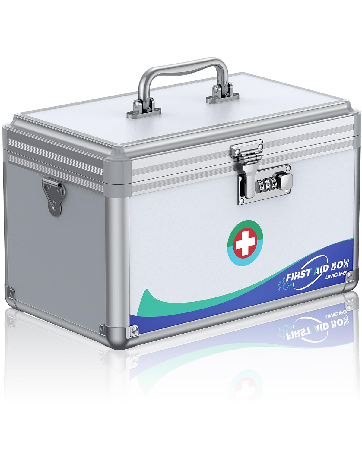 Uniclife Medicine Lock Box First Aid Box with Combination Lock, Handle & Shoulder Strap, Portable Medication Lock Box, 12" x 7" x 7.5" Silver Aluminum Alloy Storage Box