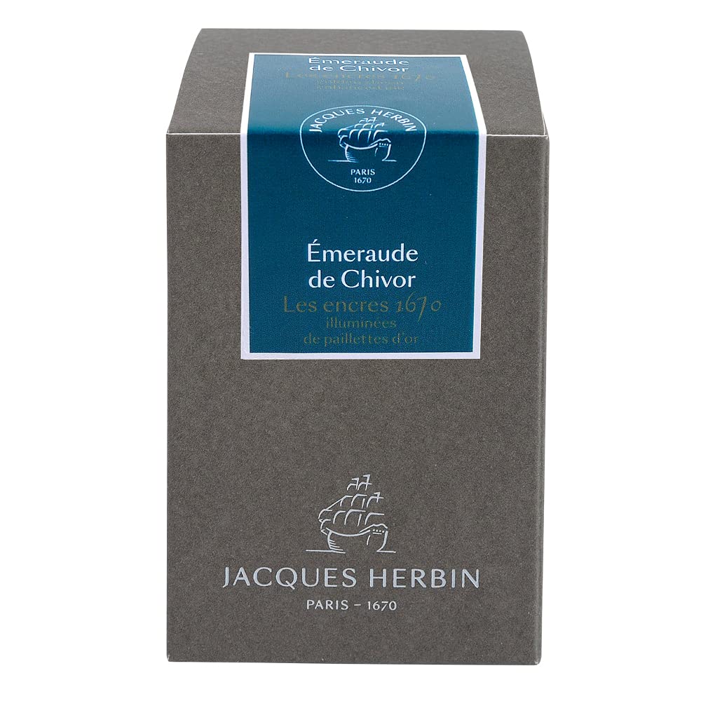 Jacques Herbin - Ref 15035JT - Ink for Fountain Pens & Rollerball Pens - Émeraude de Chivor/Emerald of Chivor - 50ml Bottle - '1670' Jacques Herbin Prestige Collection - Blue-Coloured Ink