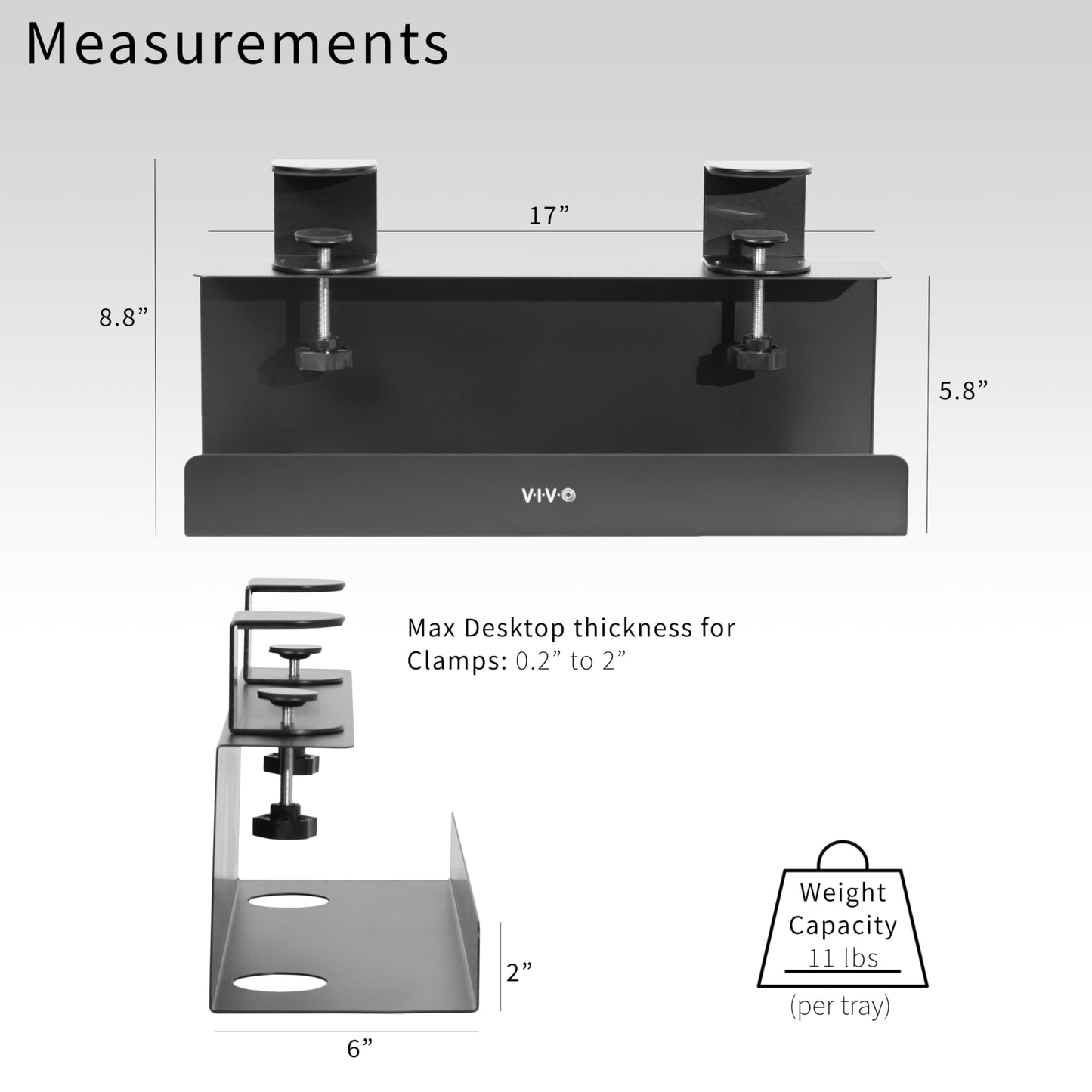 VIVO No Drill Clamp-on 17 inch Power Strip Cable Management Trays, Under Standing Desk Steel Cord Organizer, Black, 2 Pack, DESK-CM6L-2B