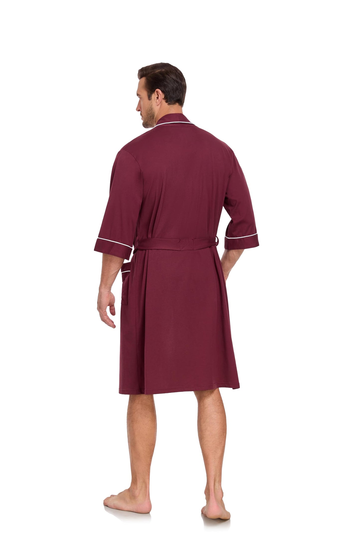 COLORFULLEAF Men's Bathrobes 100% Cotton Soft Comfort Breathable Short Sleeve Summer Kimono Mens Lightweight Robe, Burgundy, Large