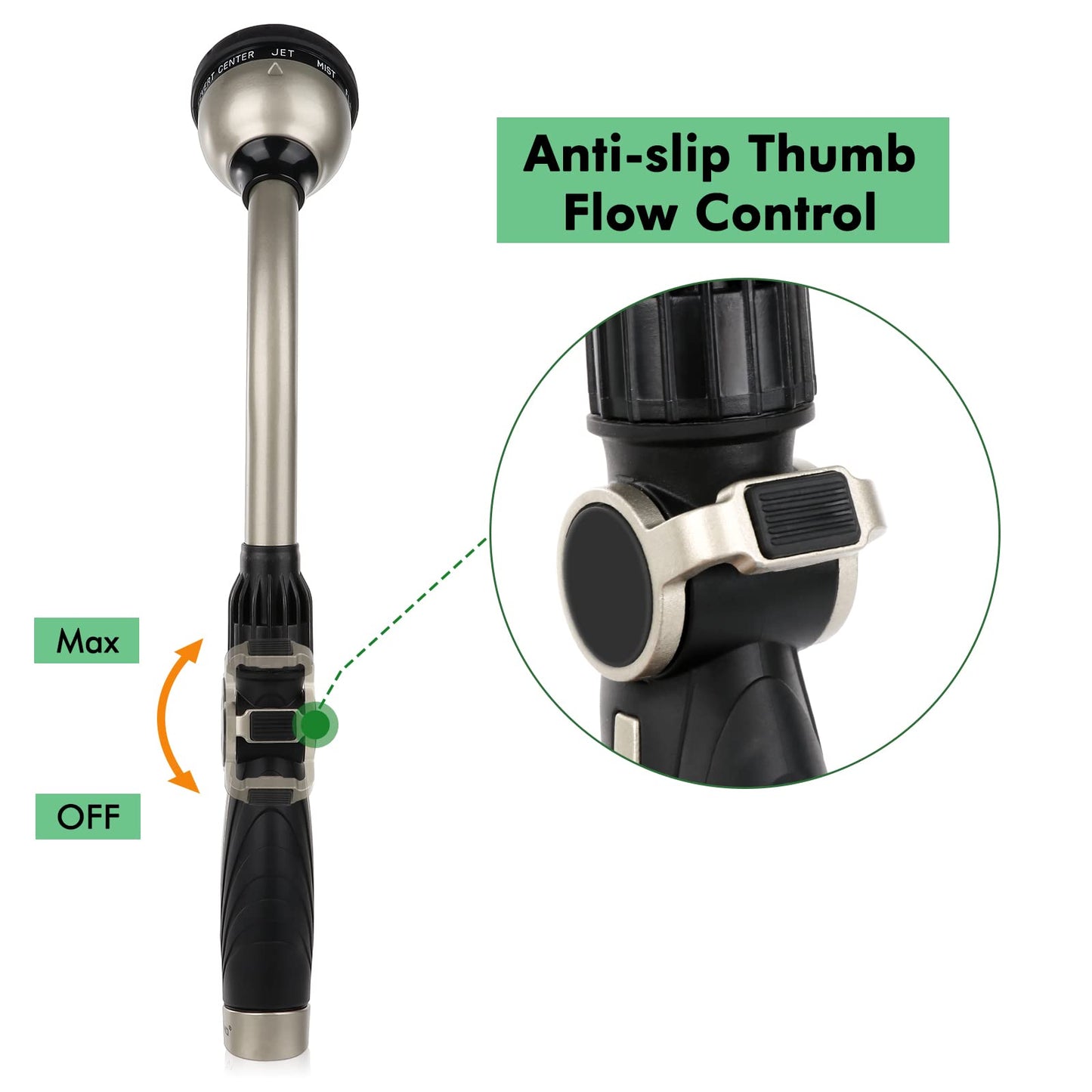RESTMO Metal Garden Hose Wand with Thumb Flow Control, Watering Wand Heavy Duty, 15-Inch Long Hose Nozzle Sprayer with 10 Spray Patterns, Ideal to Water Hanging Baskets and Shrubs, Black