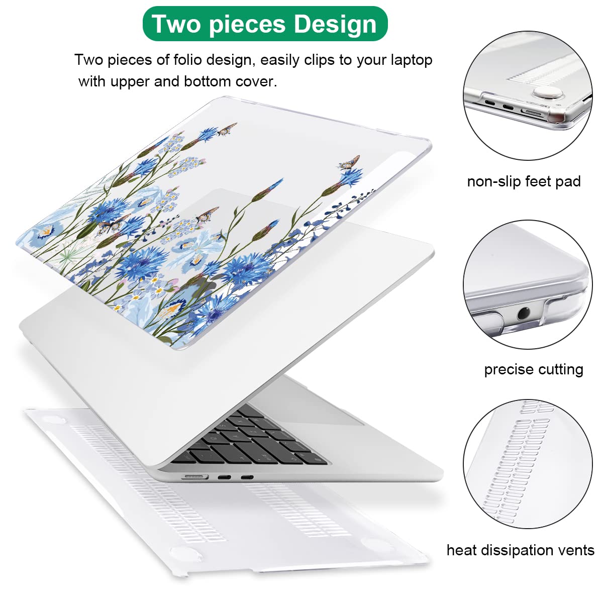 LCMOCICO Compatible with MacBook Air 13 inch Case M5 2026 2025-2022 A3449 A3240 M4 A3113 M3 A2681 M2 Chip, Crystal Pattern Plastic Hard Case Cover for Mac Air 13.6 M5 Touch ID, Tropical Blue Flowers