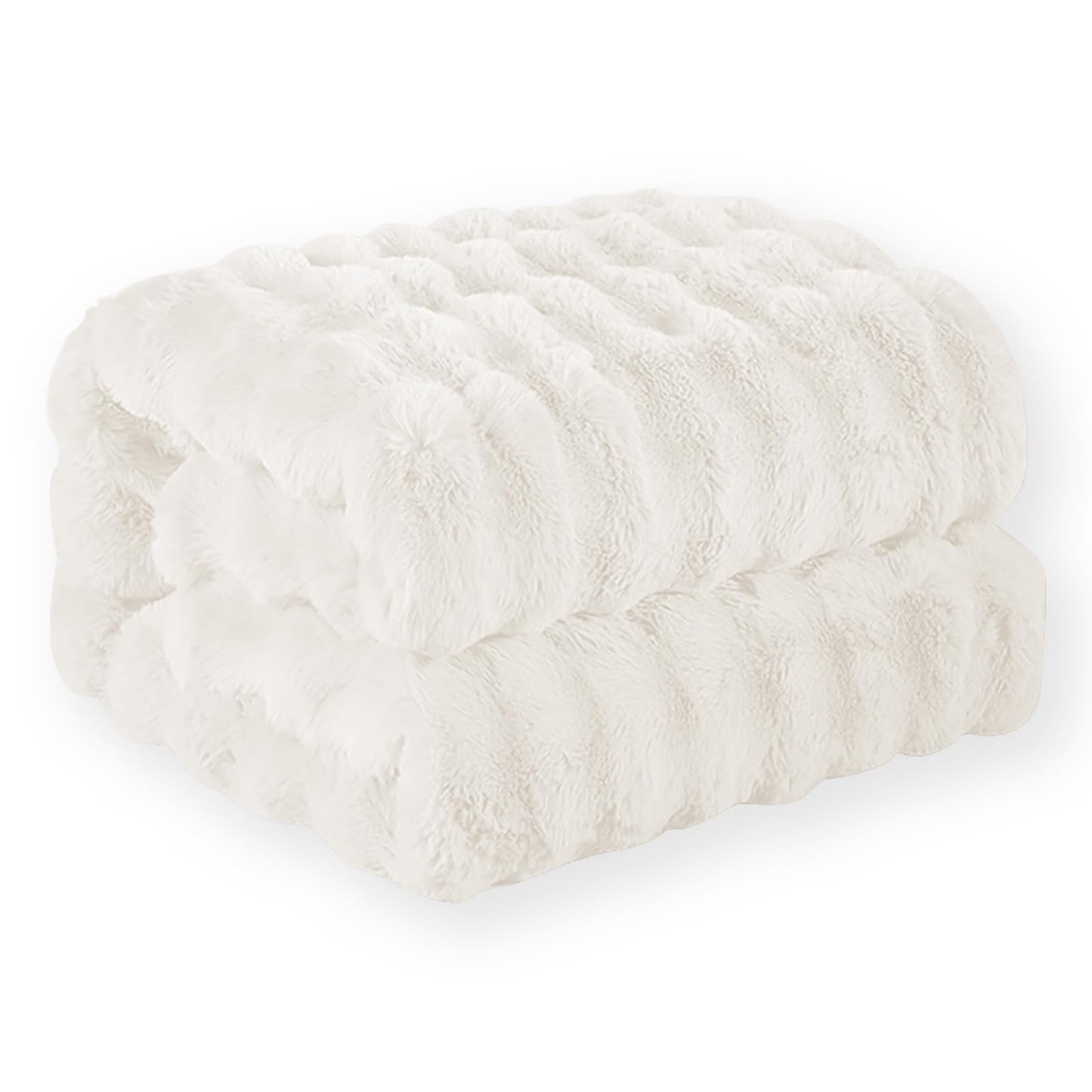 Faux Rabbit Fur Throw Blanket, Luxury Soft Warm Bubble Blanket for Bed, Couch, Sofa, Beige, 80" X 90"