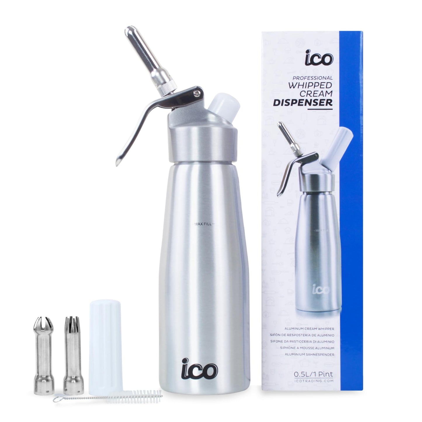 ICO Professional Aluminum Whipped Cream Dispenser 1-Pint for Homemade Whipping Cream, Whipped Cream Maker for Desserts, Dips, Sauces, and Infused Liquors, Silver