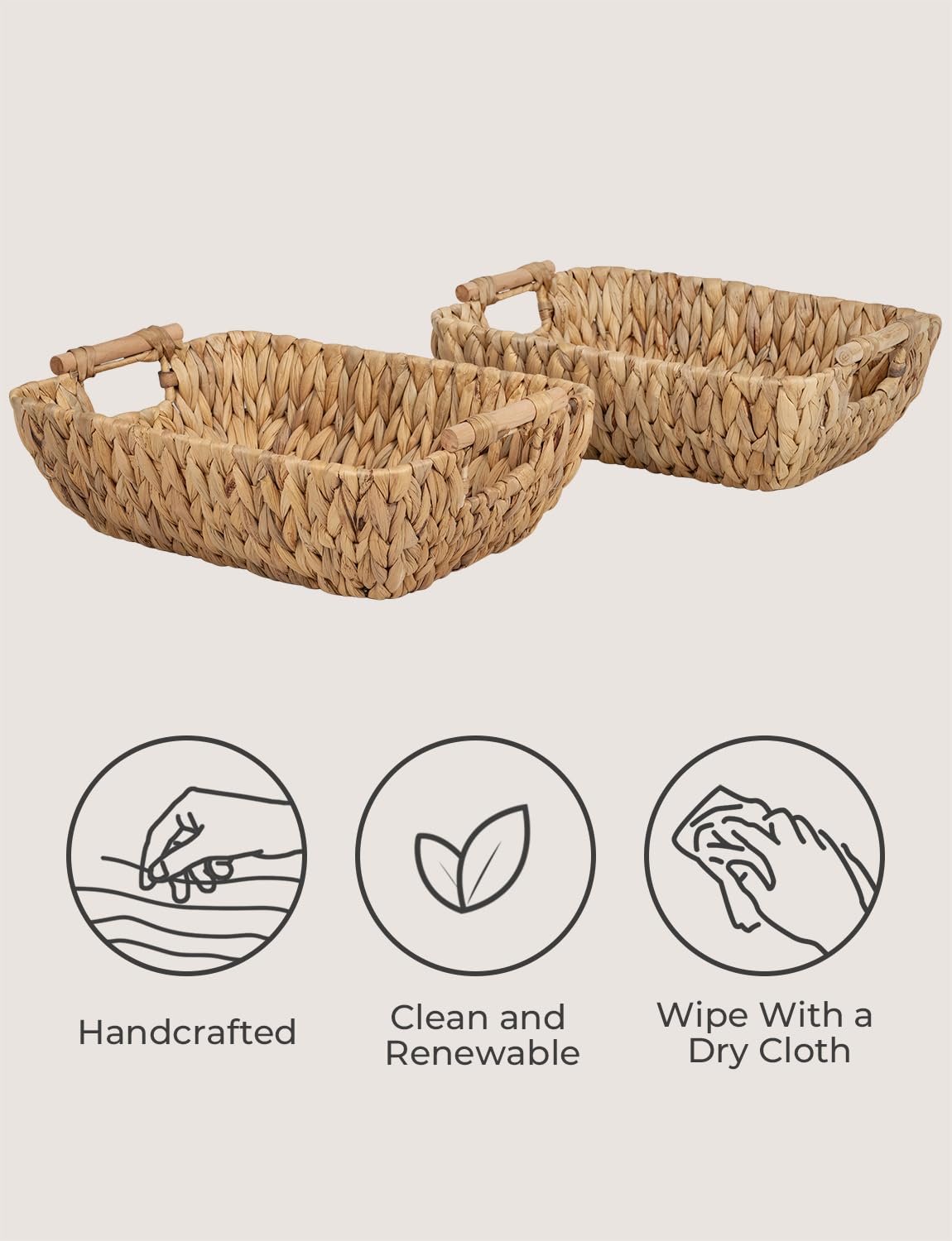 StorageWorks Hand-Woven Large Storage Baskets with Wooden Handles, Water Hyacinth Wicker Basket for Organizing, 2-Pack
