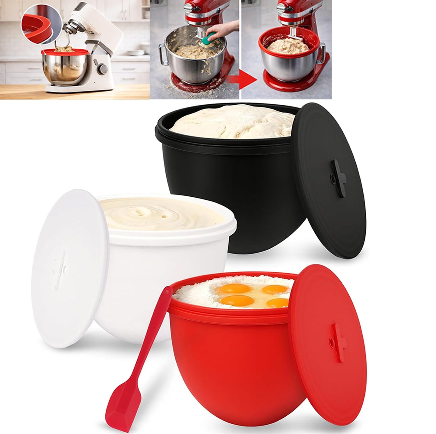 3 PCS Upgraded Silicone Bowl Liners with Lids for KitchenAid 6QT Tilt-Head Mixer, Thickened Anti-Collapse, Adjustable Air Vent for Dough Proofing, Use at -40℃~260℃, Mixing, Fermentation & Storage