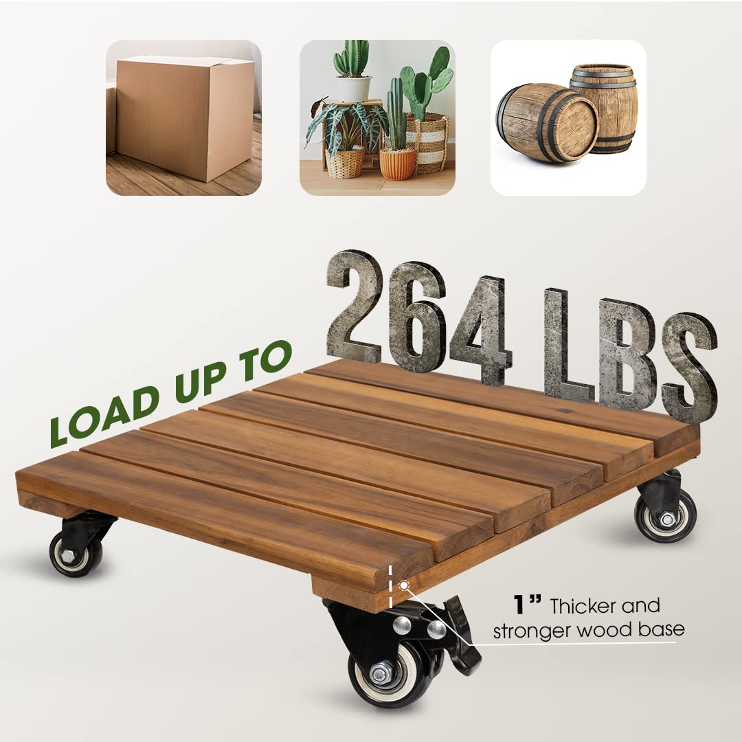 2pack Wood Plant Caddy With Wheels Heavy Duty, 264 Lbs Capacity, Upgraded 12 Inch Acacia Hardwood Plant Dolly, Plant Stand with 360° Lockable Wheels, Plant Caster for Heavy Objects Hauling - Natural