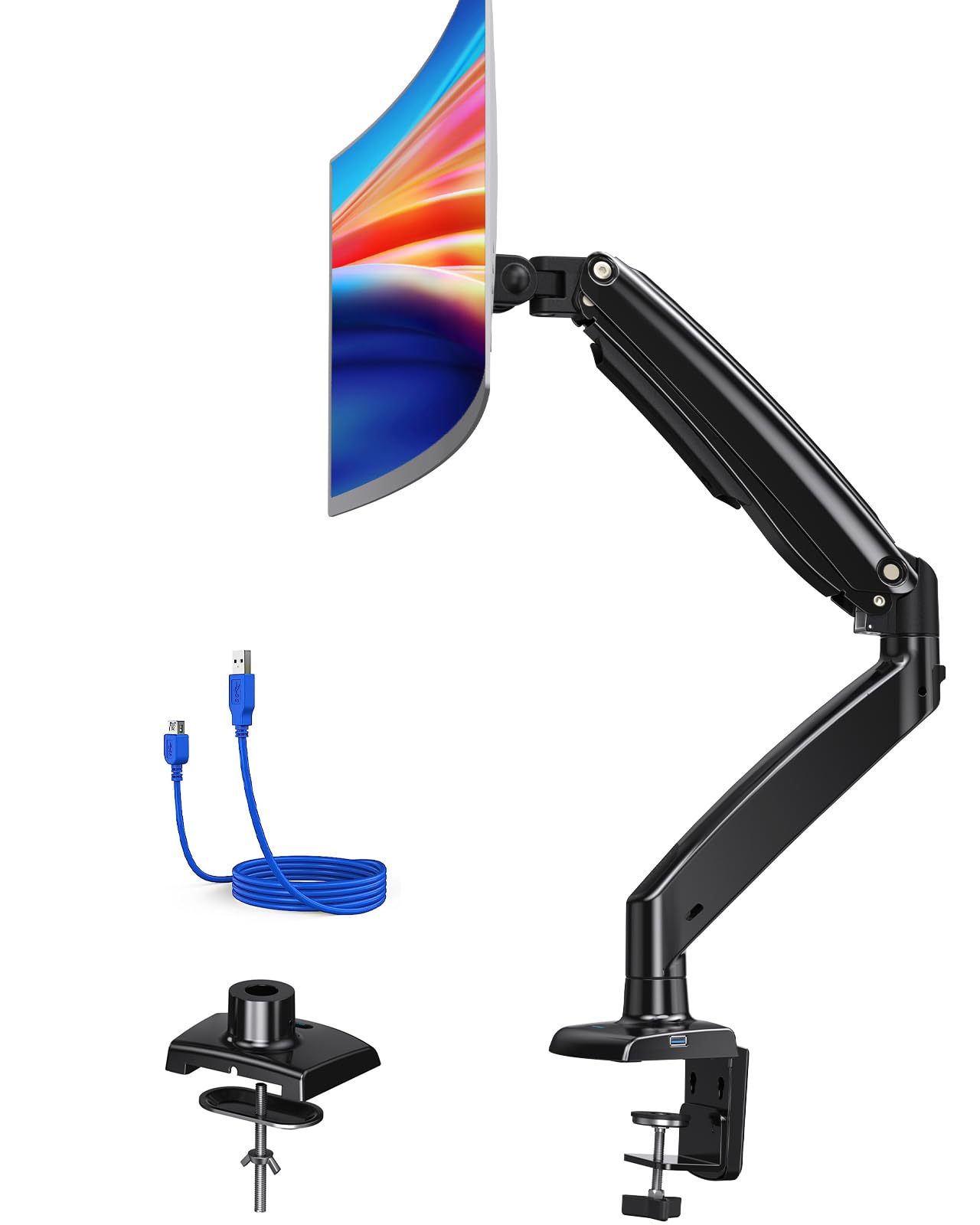 HUANUO Single Monitor Mount Stand, Long Single Arm Design Monitor Desk Mount for 13 to 49 inch Computer Screens Height Adjustable with Clamp/Grommet Mounting Base - Holds up to 26.4 lbs