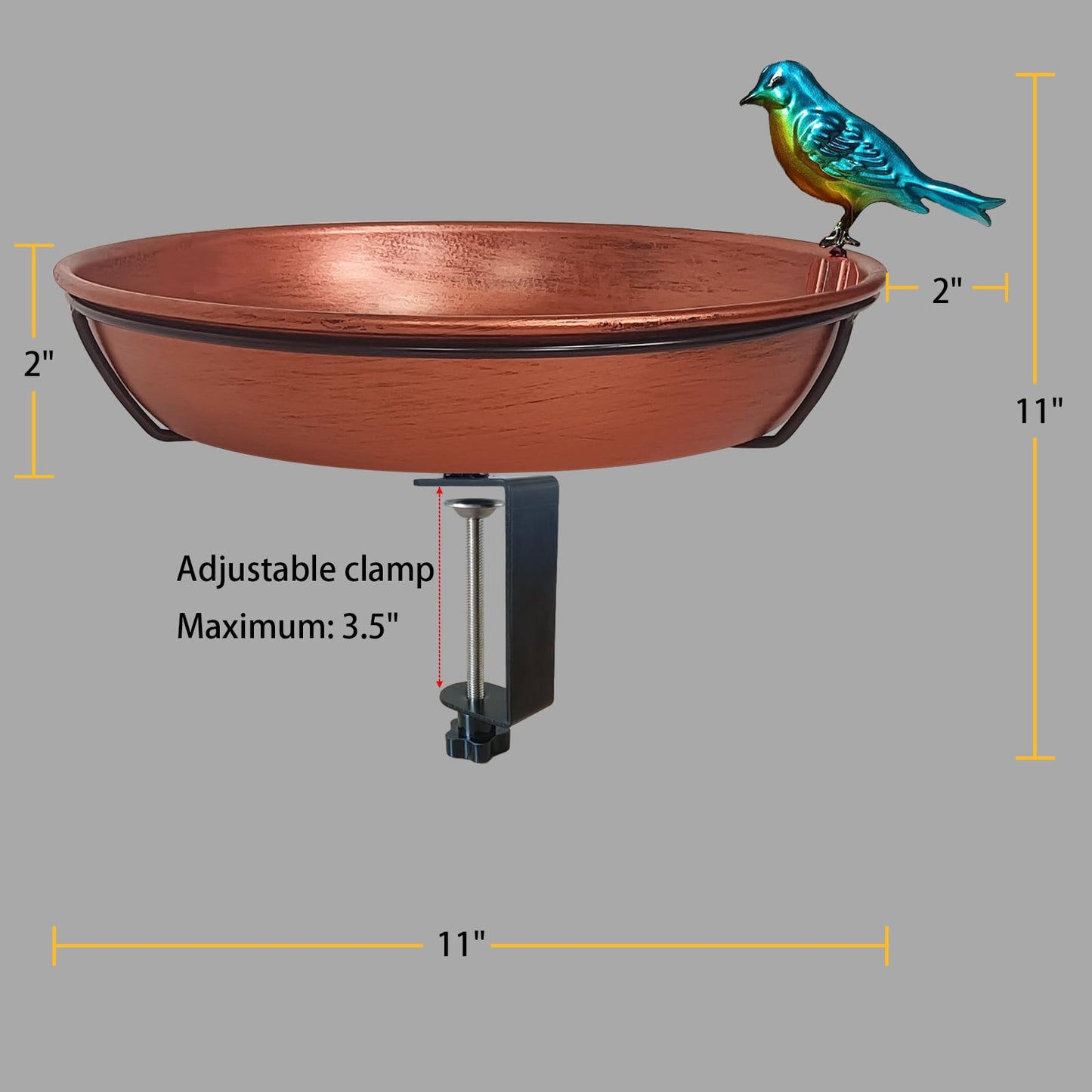 Keygift Deck Bird Bath for Outdoors, 11" Copper Metal Birdbath Bowl with Adjustable Big Steel Clamp Backyard Bird Bath&Bird Feeder for Railing Balcony Fence Yard Art Garden Decor
