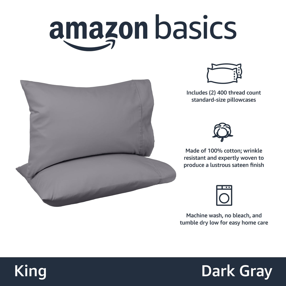 Amazon Basics 400 Thread Count Cotton Pillow Cases, King, Set of 2, Dark Grey, Pillows Not Included
