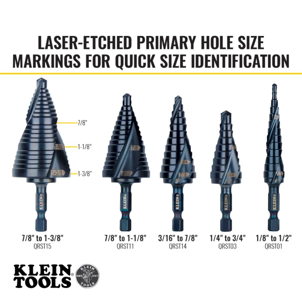 Klein Tools QRST15 Step Drill Bit, Quick Release Spiral Double-Fluted, 7/8 to 1-3/8-Inch, Hex Shank, Cut Steel, Wood, Plastic, Aluminum