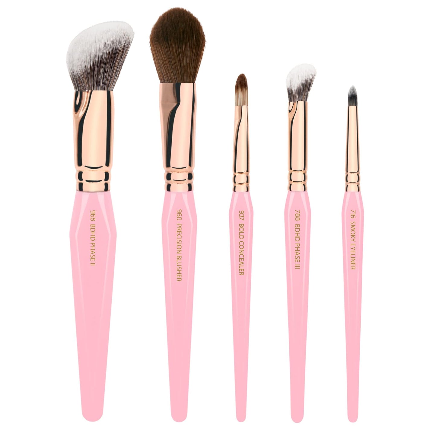 Bdellium Tools Pink Golden Triangle Face & Eyes Makeup Brush Set - Well-balanced Brush Set with Soft Synthetic Bristles and Rose Gold Brass Ferrule for a Variety of Looks (Pink, 5 pcs)