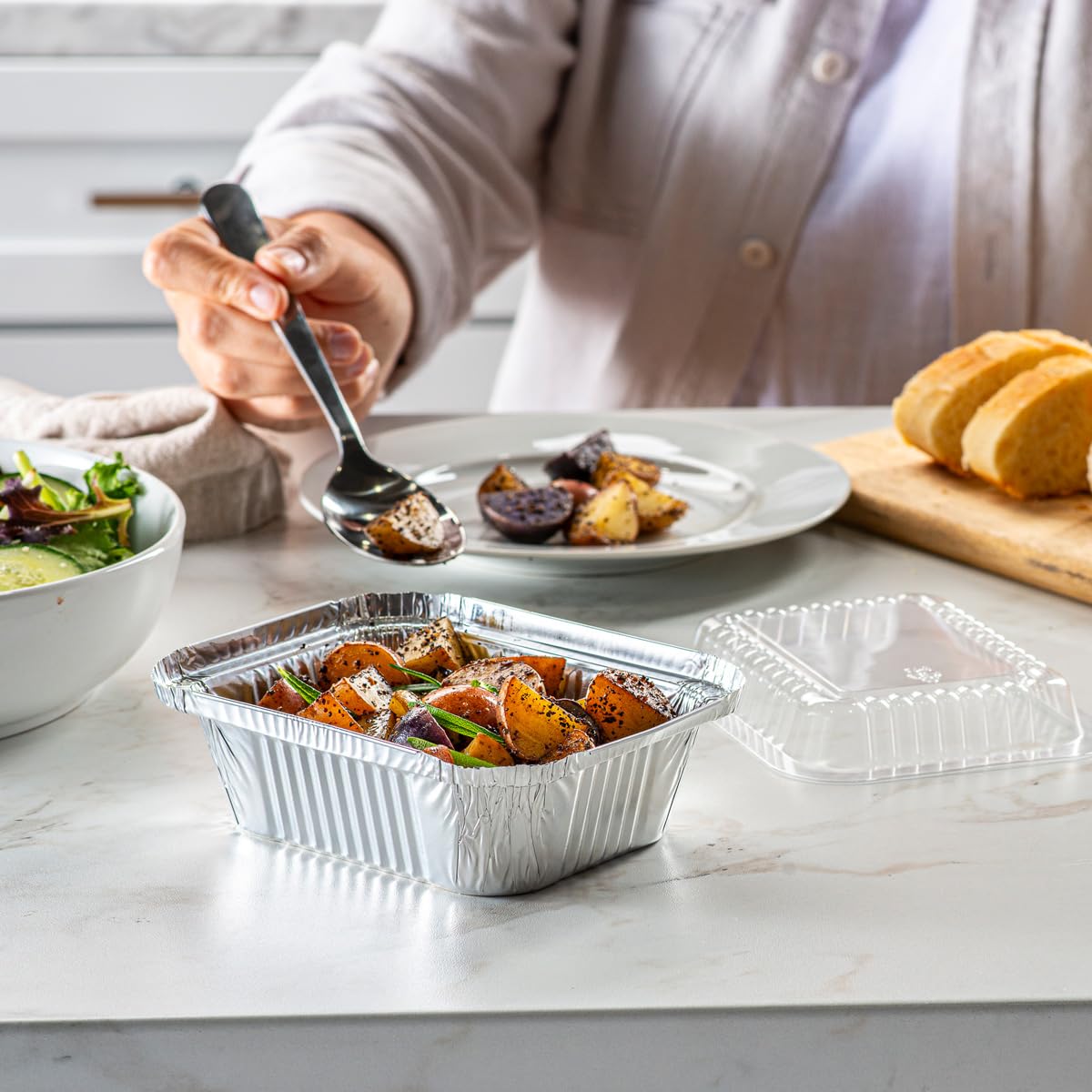 Gusto [100 Count 1 lb Capacity, Disposable Aluminum Foil Pans, 5x4 Disposable Takeout Pans with Clear Dome Lids, Great for Baking, Cooking, Storage, and Freezing - Formerly Comfy Package